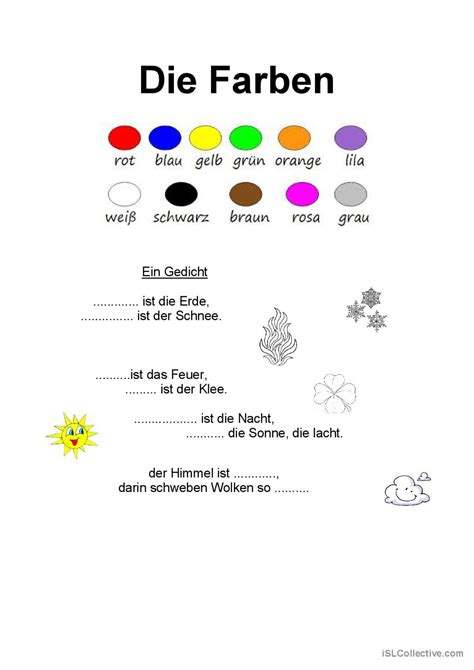 Farben Gedicht allgemeine Deutsch DAF Arbeitsblätter pdf doc