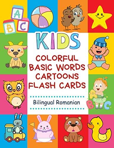 Colorful Basic Words Cartoons Flash Cards Bilingual Romanian Easy And