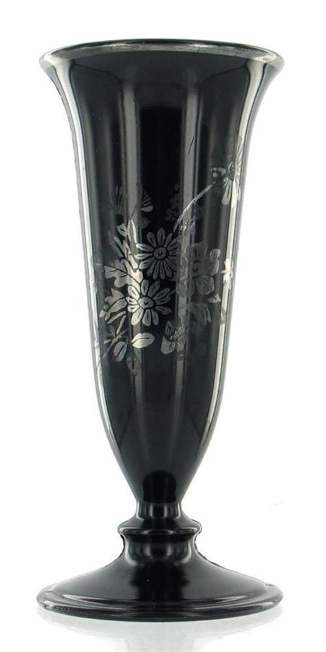 Vintage Black Amethyst Glass W Sterling Silver Floral Overlay Fluted Vase Urn 6 Ellis Antiques