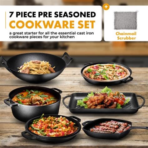 Bruntmor 7pc Pre Seasoned Cast Iron Set Dutch Oven Grill Pan Wok Skillet And Chainmail 12