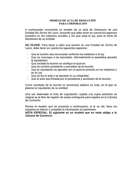 Acta Disolucion Corporacion Modelo De Acta De Disoluci N Para