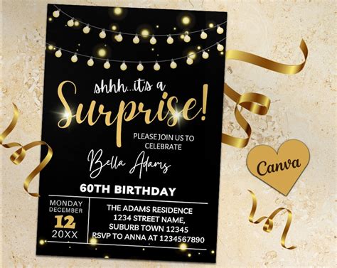 Surprise 60th Birthday Invitation Sixty Party Black Gold Glitter Digital Editable Invite Instant