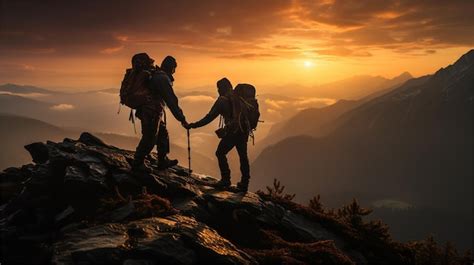 Premium Photo Climbers In The Mountains At Sunset Hikers With Backpacks