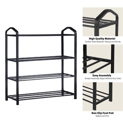 4 Tier Stackable Shoe Rack 12 Pairs Sturdy Shoe Shelf Storage Black Shoe Tower For Bedroom