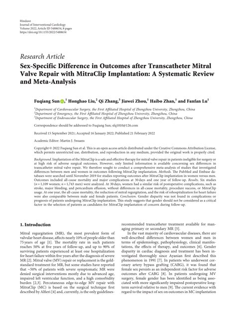 Pdf Sex Specific Difference In Outcomes After Transcatheter Mitral