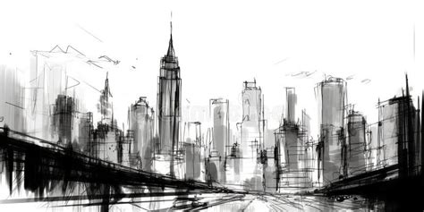 Panorama New York City USA, Sketch Illustration of Skyscrapers, Black ...