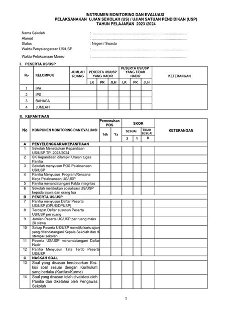 Instrumen Monev Pelaksanaan Us Atau Usp Tp 2023 2024 Pdf