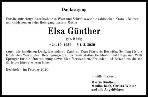 Traueranzeigen von Elsa Günther trauer flz de