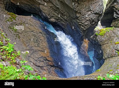 Trummelbach Falls Waterfall In The Mountain In Lauterbrunnen Valley