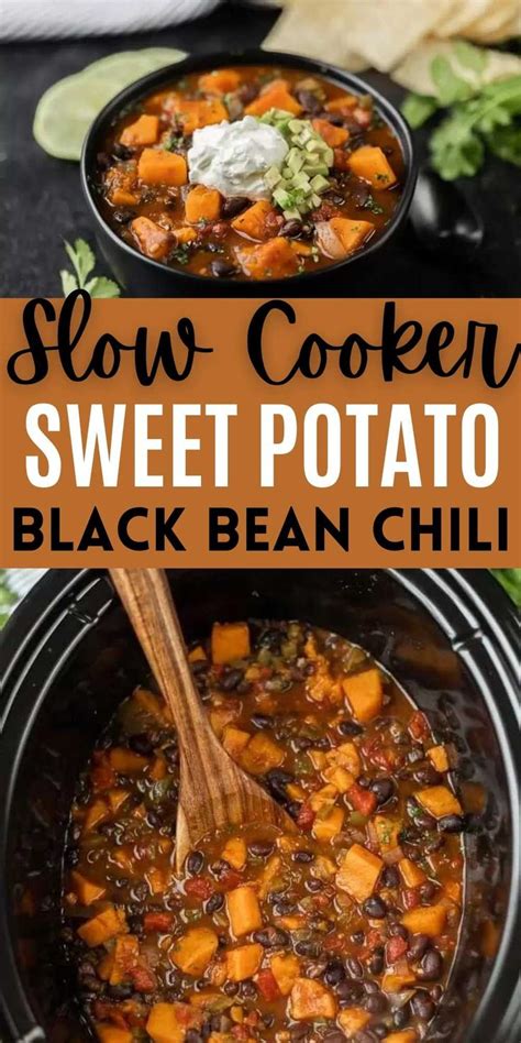 Slow Cooker Sweet Potato And Black Bean Chili In A Crock Pot With Text Overlay