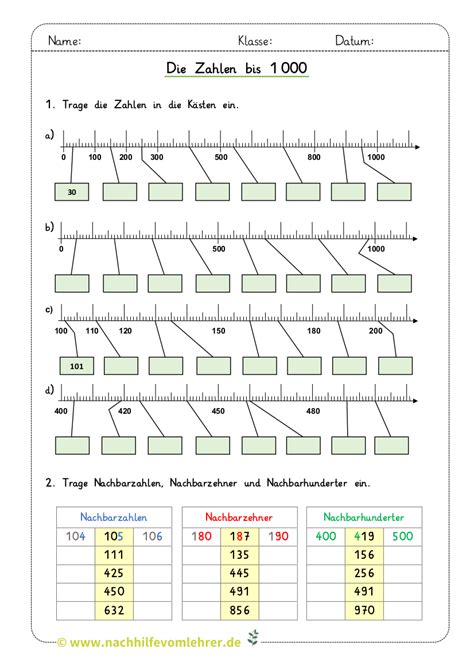 Zahlenstrahl Zahlen bis 1000 kostenloses Arbeitsblatt für