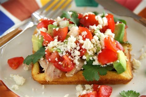 Cornbread Waffles With Chicken Avocado And Sweet And Spicy Crema