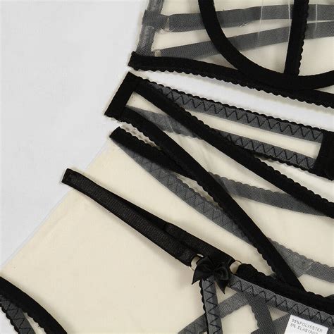 Luxallacki Strappy Sheer Mesh Bra Thong Garter Belt Leg Ring Lingerie Set EBay