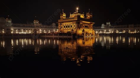 The Golden Temple Is Lit Up At Night And Reflected In Water Background