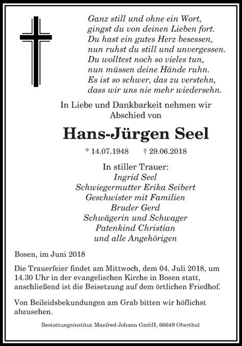 Traueranzeigen Von Hans J Rgen Seel Saarbruecker Zeitung Trauer De