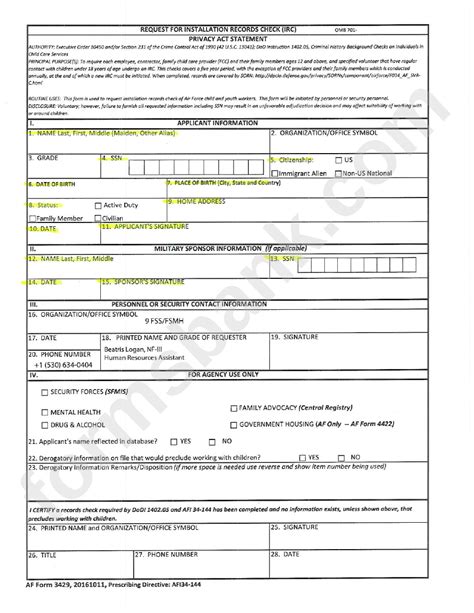 Af 3429 Request For Installation Records Check Irc Printable Pdf