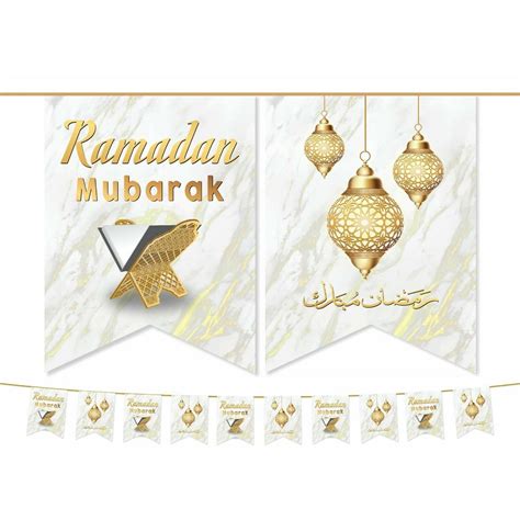 Ramadan Mubarak Bunting White Gold Ramadan Party Decorations 2021