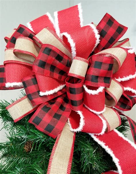 Christmas Tree Topper Bow Buffalo Plaid Burlap 36 Etsy