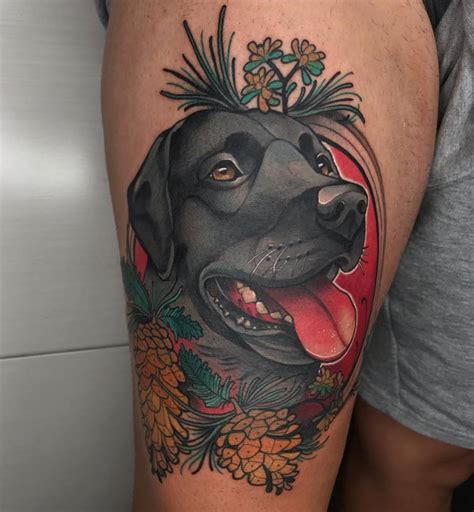 Neotraditional labrador tattoo on the thigh.