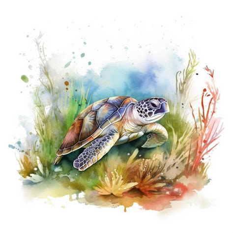 Pintura De Una Tortuga Nadando En El Oc Ano Con Algas Y Plantas