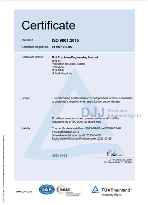 Tuv Rheinland Certification Assured Quality Djj Precision Engineering