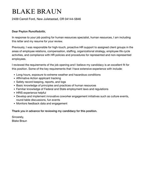 Human Resources Specialist Human Resources Cover Letter Velvet Jobs