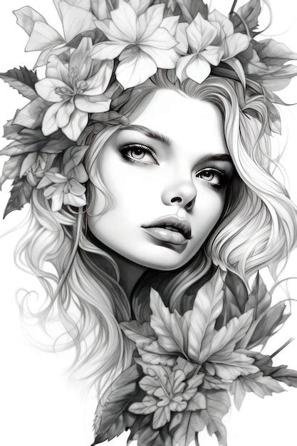 Un Dibujo En Blanco Y Negro De Una Mujer Con Flores En La Cabeza Foto