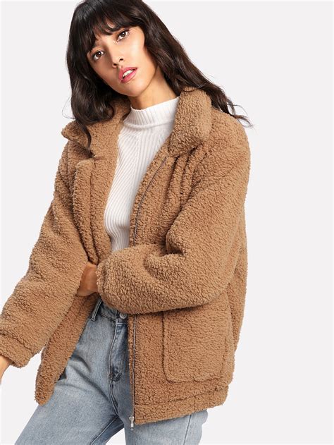 Dual Pocket Faux Fur Teddy Jacket Shein Sheinside