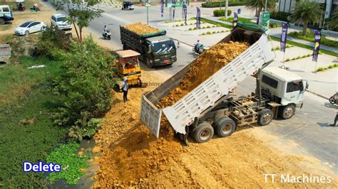 Perfectly Open New Project Filling Land Into Deep Water By Dump Trucks