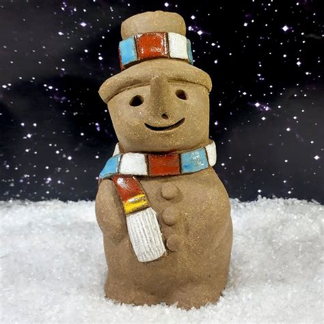 Handmade Ceramic Snowman Figurine With Scarf Sculpted In Etsy