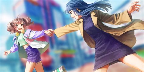 2girls Blue Hair Brown Eyes Building Choker City Dress Headphones Long