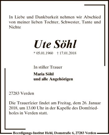 Traueranzeigen von Ute Söhl trauer kreiszeitung de