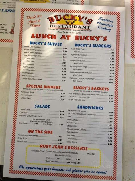 Menu of Bucky's Family Restaurant in Columbia, TN 38401