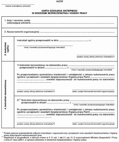 Karta Szkolenia Wst Pnego Bhp A Za Wiadczenie O Uko Czeniu Szkolenia