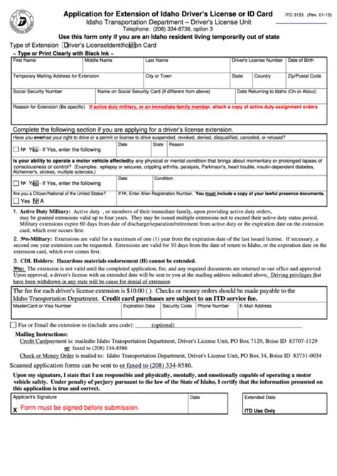 Fillable Form Itd 3153 Application For Extension Of Idaho Driver S License Or Id Card