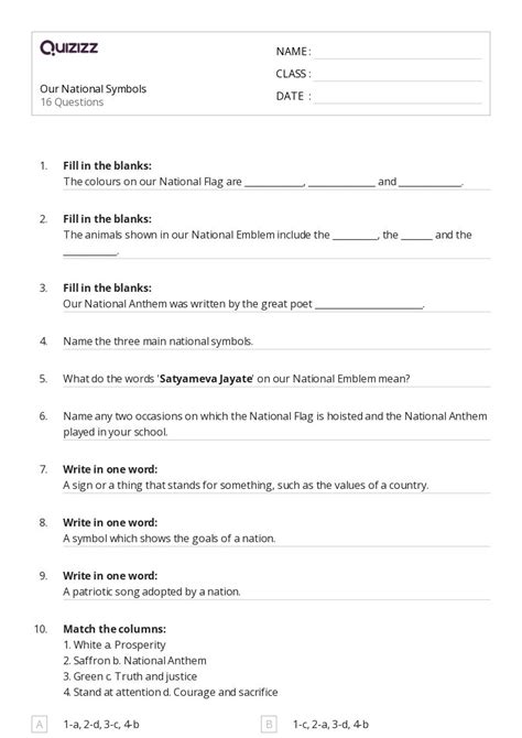 National Symbols Worksheets For Th Class On Quizizz Free Printable