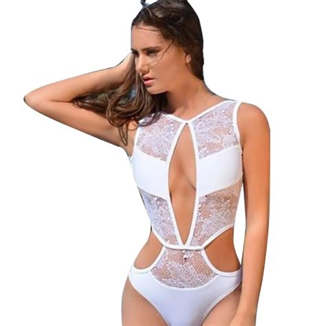 Womens Sexy Lace Patchwork See Through One Piece Swimsuit Sexy Hollow