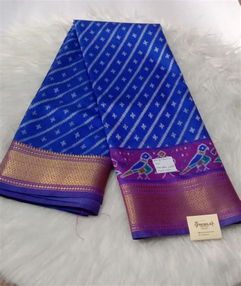 Chanderi Silk Saree With Pochampally Printed Blue With Pink M