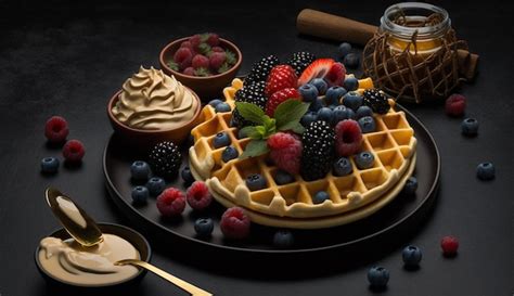 Premium Photo Delicious Belgian Waffles With Berries Fruits Whipped