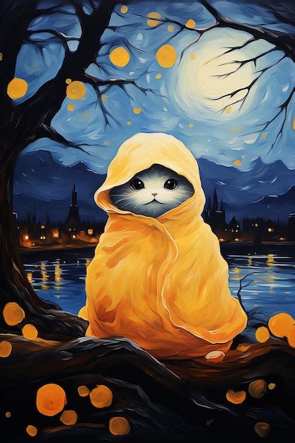 Premium AI Image | painting of a cat in a yellow raincoat sitting on a ...