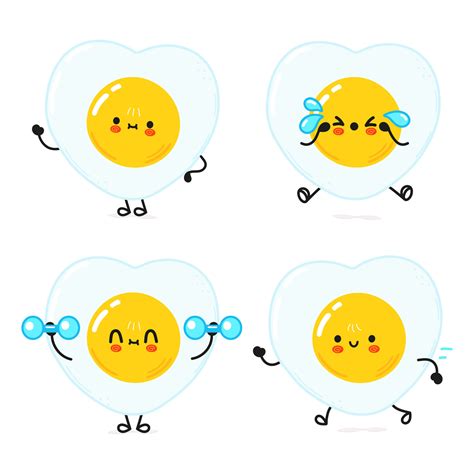 Funny Cute Happy Fried Egg Characters Bundle Set Vector Hand Drawn