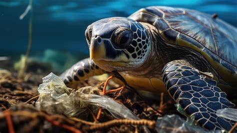 Premium Ai Image Sea Turtle Trapped In Plastic Trash