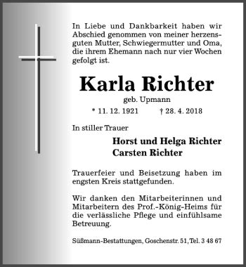 Traueranzeigen Von Karla Richter Trauerportal Hildesheimer Allgemeine