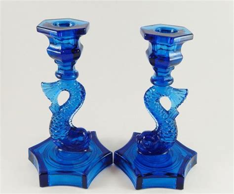 Pair Of Sandwich Glass Cobalt Blue Dolphin Twist Candlestick Etsy