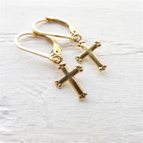 Gold Cross Leverback Earring Dainty Lever Back Earings With Etsy