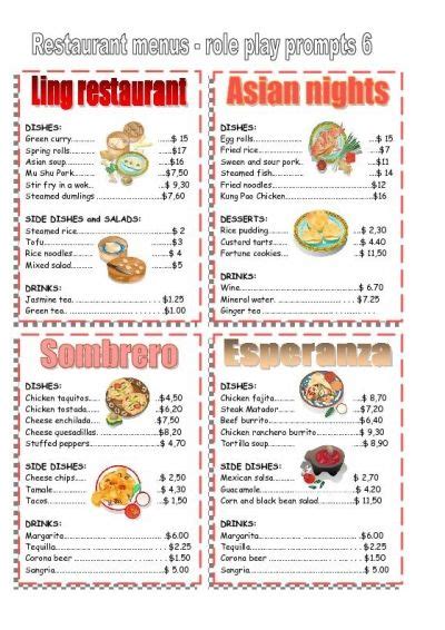 Printable Play Restaurant Menus Rhyming Worksheet Math Practice