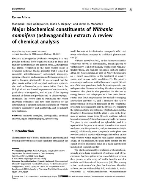 PDF Major Biochemical Constituents Of Withania Somnifera Ashwagandha