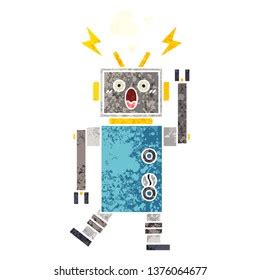 Retro Illustration Style Cartoon Malfunctioning Robot Stock