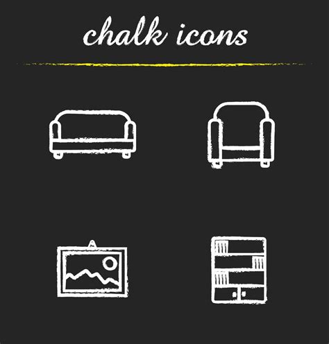 Interior Chalk Icons Set Sofa Armchair Wall Picture And Bookcase