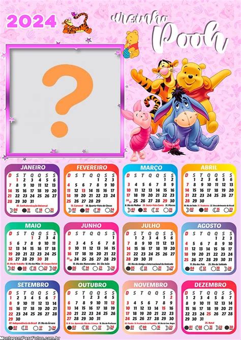 Calendário 2024 Ursinho Pooh para Meninas Imprimir Grátis Colagem de Foto